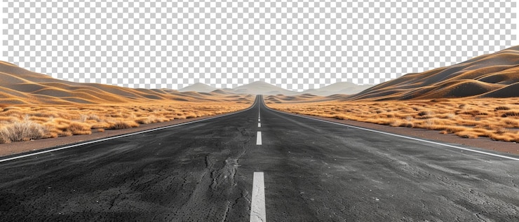 PSD la carretera del desierto se extiende a través de montañas áridas aisladas en un fondo transparente
