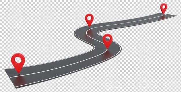Carretera sinuosa con marcadores de ubicación rojos que representan una dirección de viaje y progreso
