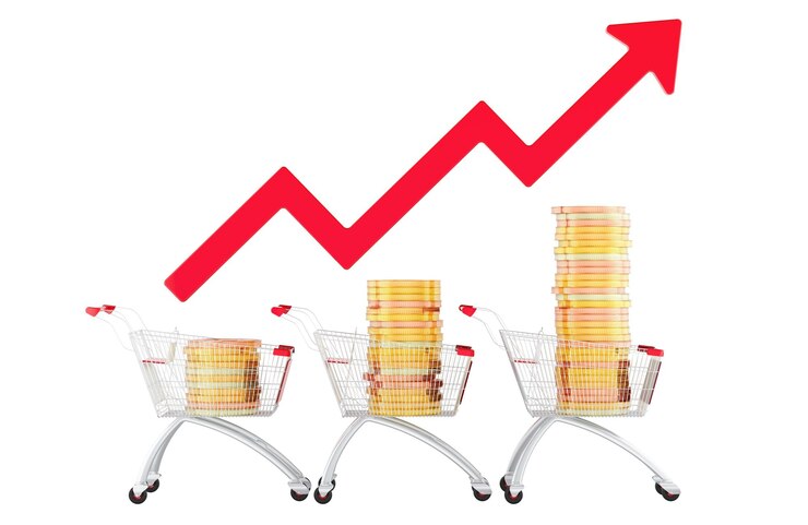 PSD carretes de compras llenos de monedas de oro con creciente flecha roja renderización 3d aislado en fondo transparente