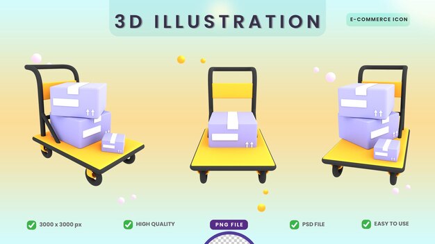 Carrinho de carrinho de luxo 3d com ilustração de comércio eletrônico de ícone de duas caixas de papelão