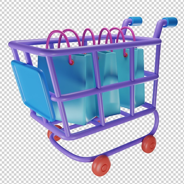 Carrinho de carrinho e ilustração 3d de sacola de compras