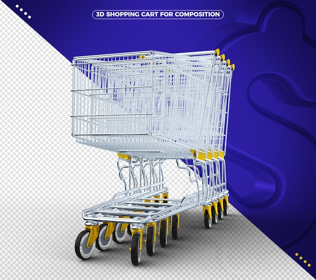 PSD carrinho de compras 3d amarelo em fundo azul sólido