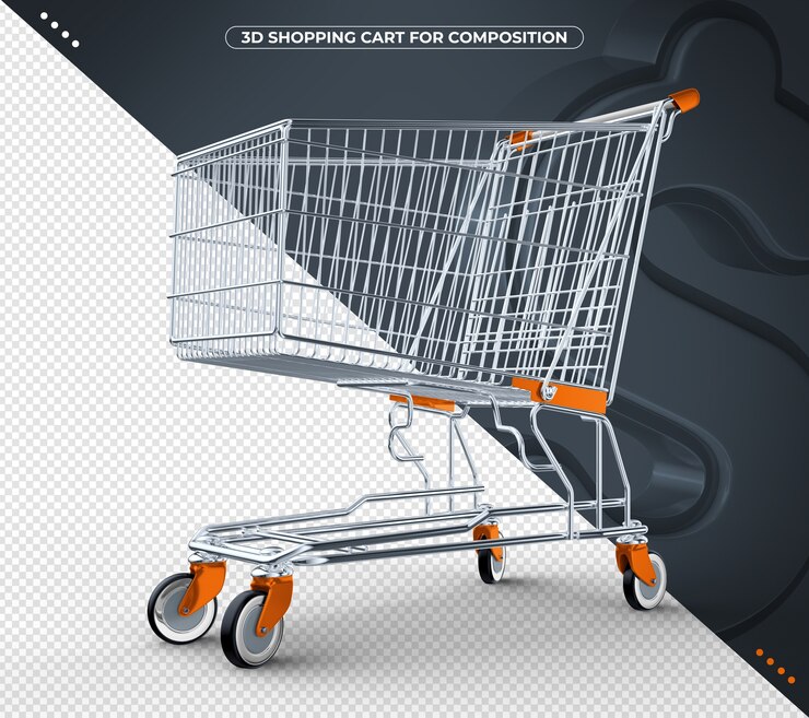 PSD carrinho de compras 3d laranja isolado em fundo preto