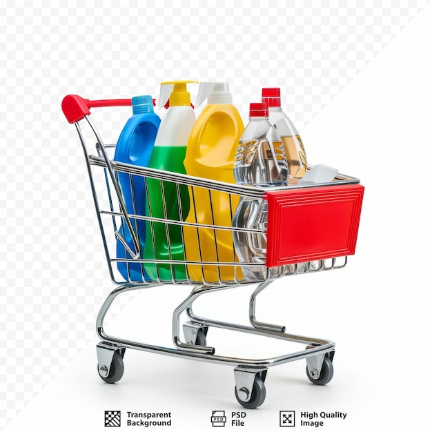 PSD carrinho de compras com garrafas de detergente isoladas em branco