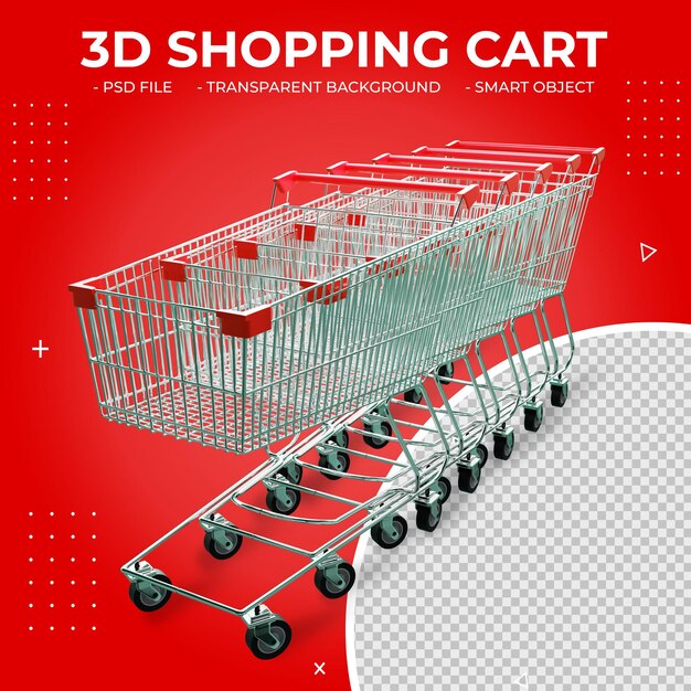 PSD carrinho de compras de metal em cor vermelha 3d isolado