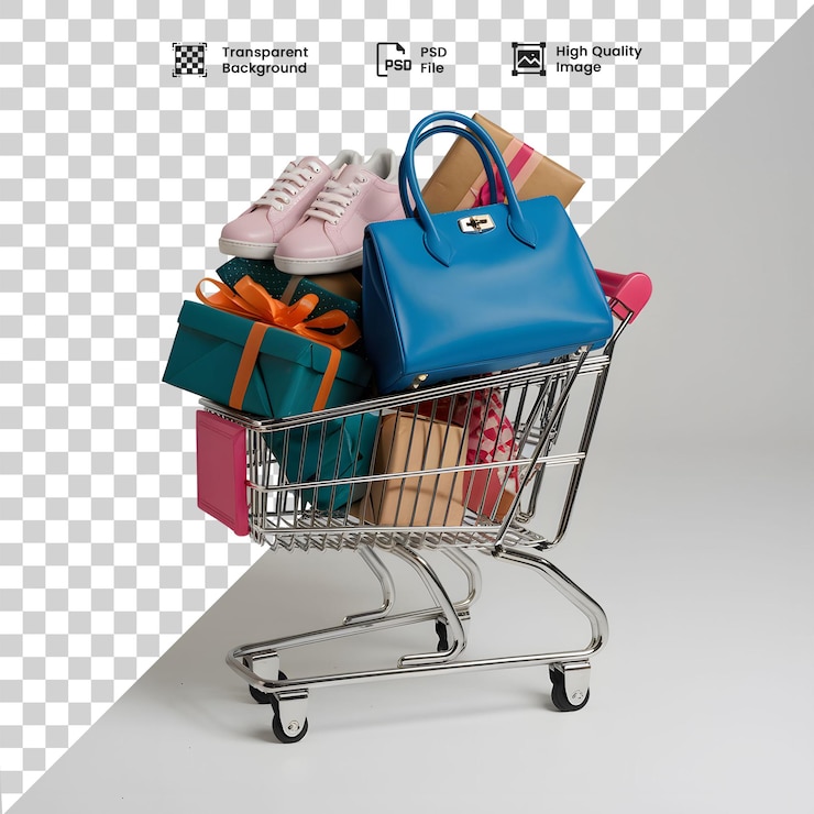 PSD carrinho de compras de png cheio de presentes, sapatos e bolsa de mão com fundo transparente