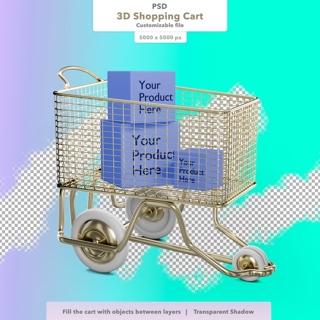 PSD carrinho de compras dourado 3d com camadas para preencher com seus próprios objetos