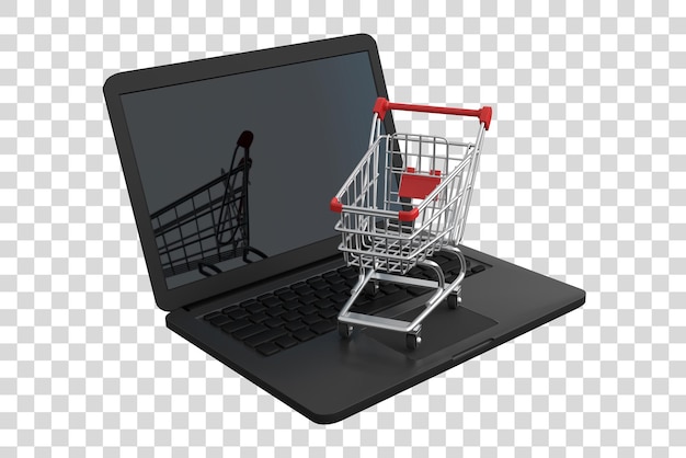 Carrinho de compras sobre um laptop isolado em fundo branco carrinho de compras carrinho de compras