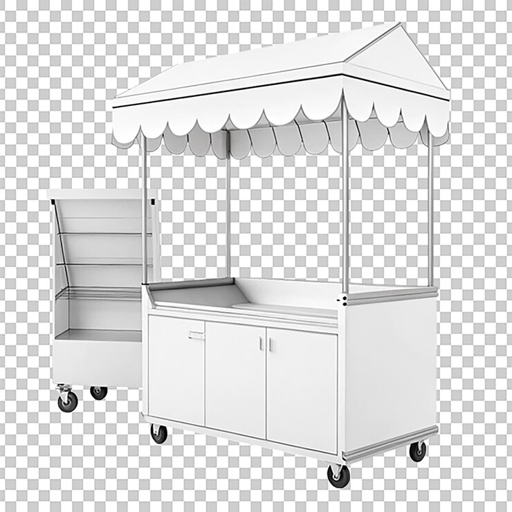 Carrinho de promoção em branco e Canopy 3D Rendering em fundo branco