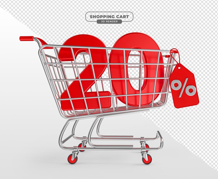 PSD carrinho de supermercado com número de 20 por cento em renderização 3d realista com fundo transparente