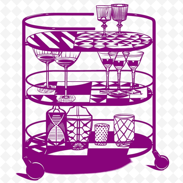 PSD carrito de bar art deco con patrones geométricos y diseños de ilustraciones planas con contornos en png de vidrio negro