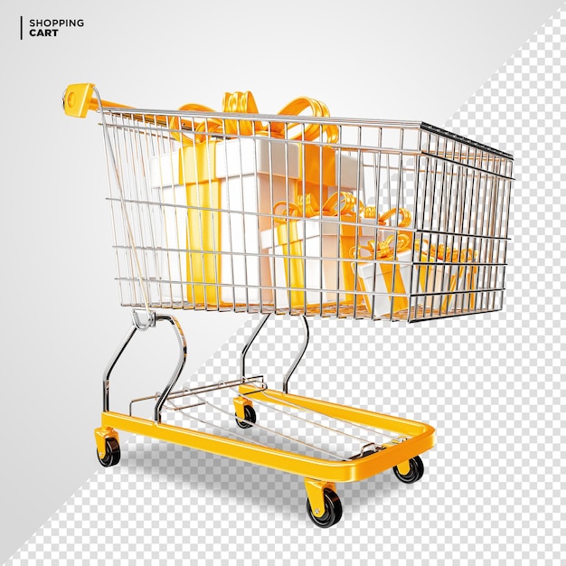 Carrito de la compra amarillo con caja de regalo 3D Render aislado