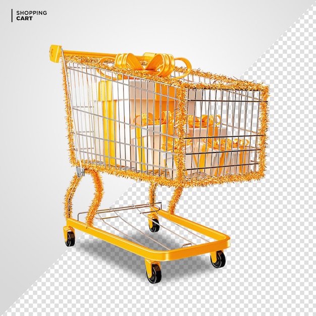 Carrito de la compra amarillo con caja de regalo 3d render aislado