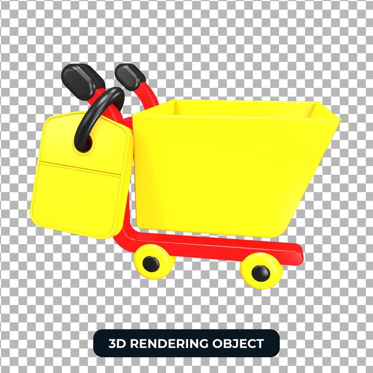 PSD carrito de la compra rojo y amarillo 3d render aislado