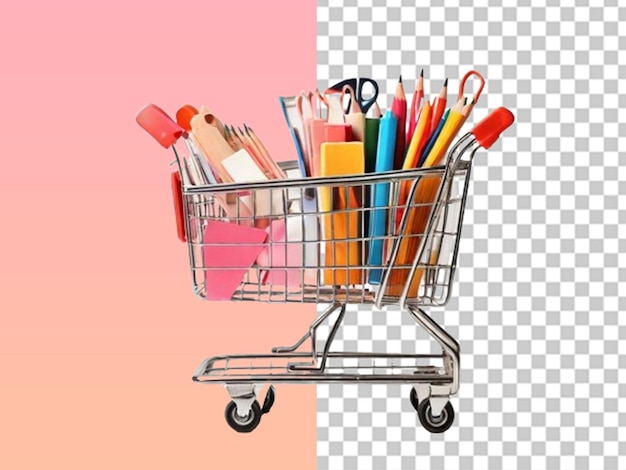 Carrito de compras 3D con diferentes artículos escolares