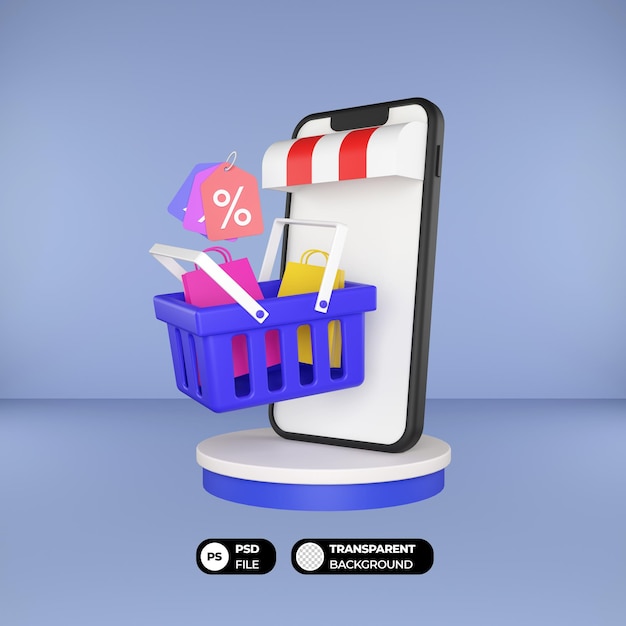 Carrito de compras 3D con teléfono inteligente y servicios de comercio electrónico en línea