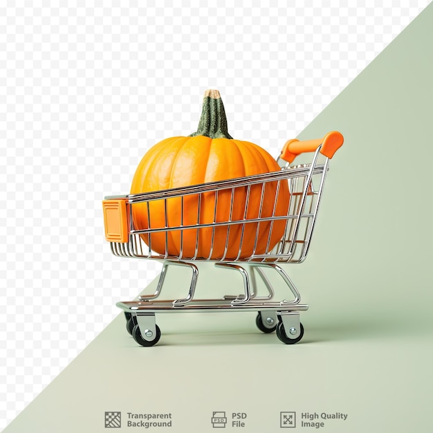 Un carrito de compras aislado tiene una calabaza nueva en medio de un fondo transparente