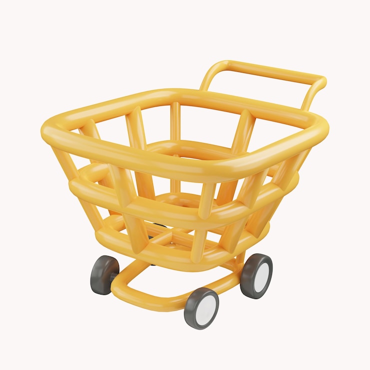 PSD carrito de compras amarillo 3d para compras en línea e ideas de marketing digital sobre fondo aislado blanco