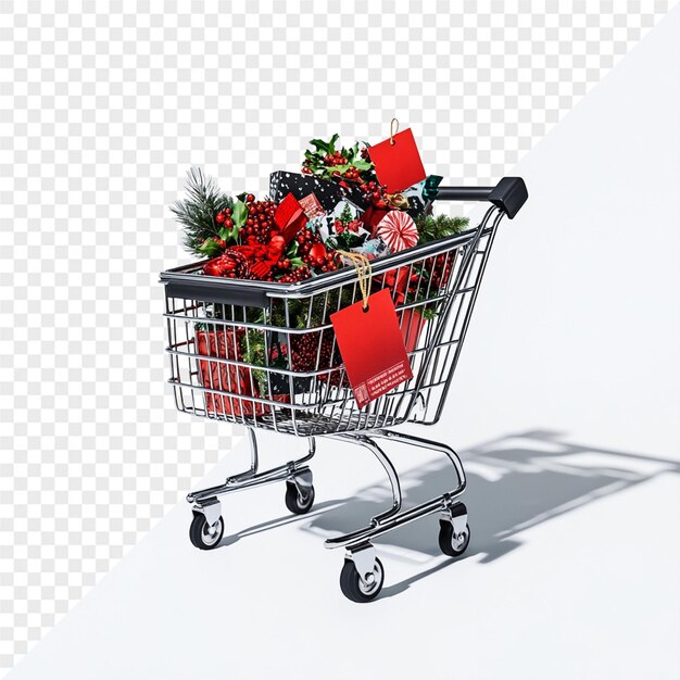 un carrito de compras con un árbol de Navidad y un corazón rojo en él