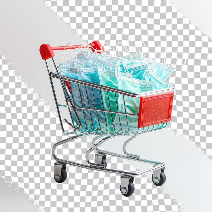 PSD un carrito de compras con una bolsa de plástico roja en él