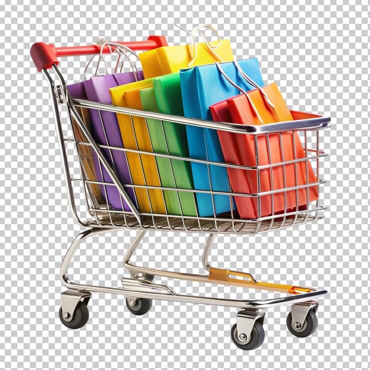 PSD un carrito de compras con bolsas de colores en él
