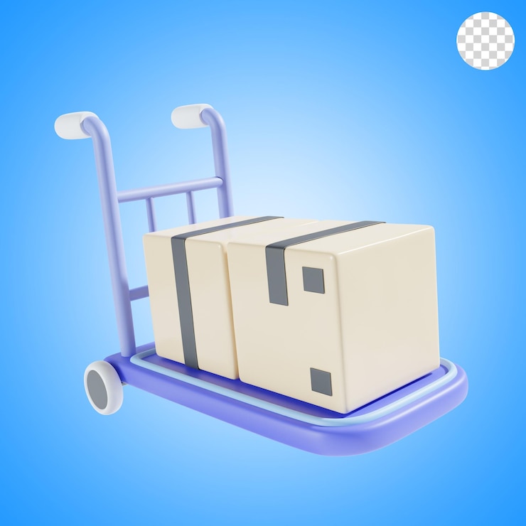 PSD carrito de compras y caja ilustración 3d