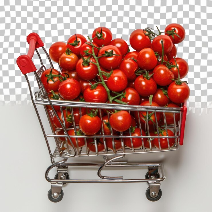 PSD un carrito de compras con una canasta llena de tomates en él