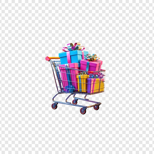 Un carrito de compras con una colorida caja de regalos.