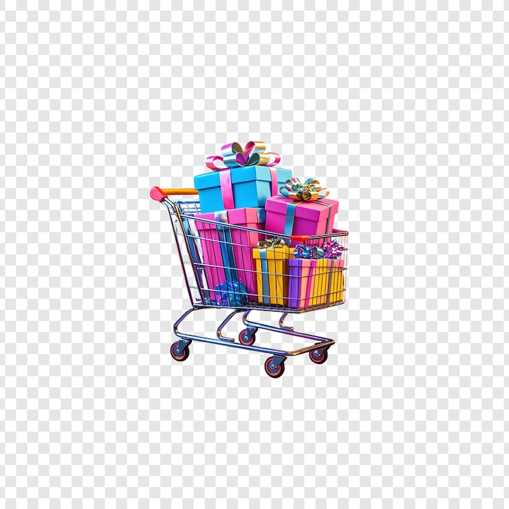 PSD un carrito de compras con una colorida caja de regalos.