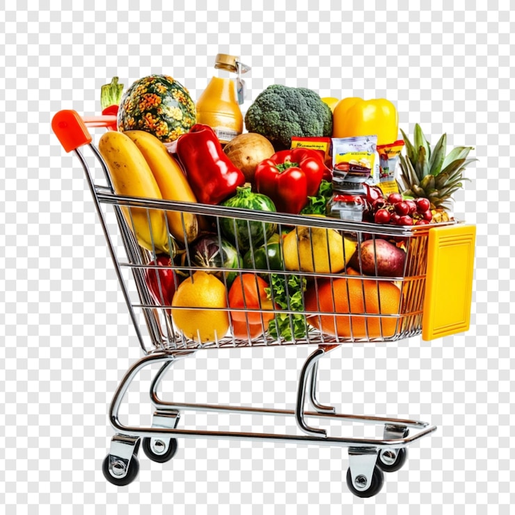 PSD el carrito de compras está lleno de productos frescos, comestibles, compras y comidas saludables.