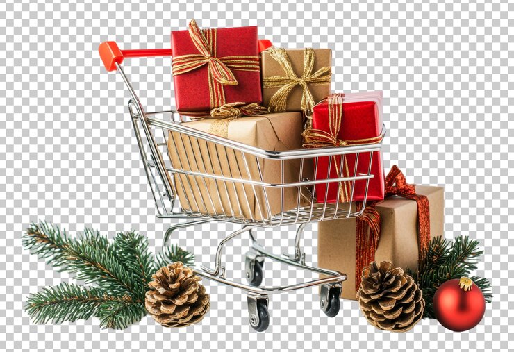 PSD carrito de compras festivo lleno de regalos navideños aislados sobre un fondo transparente