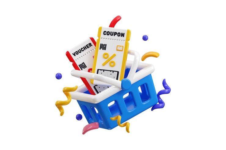 PSD carrito de compras con icono de cupón de descuento 3d render concepto de compras del consumidor descuento comprar carrito