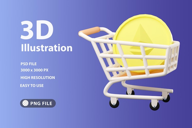 PSD carrito de compras de icono de render 3d con ethereum