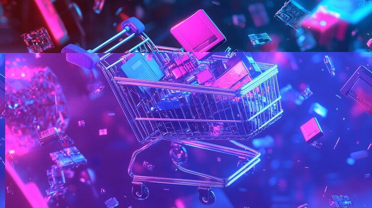 PSD un carrito de compras lleno de aparatos tecnológicos flotantes en una vibrante iluminación de neón