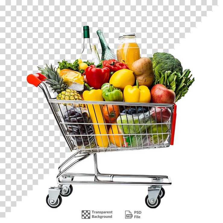 PSD el carrito de compras lleno de comestibles de fondo transparente