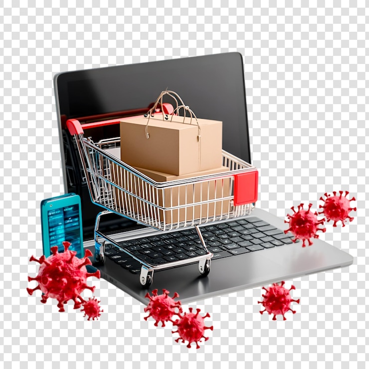 PSD el carrito de compras lleno de modelos de virus una representación visual del impacto de la pandemia