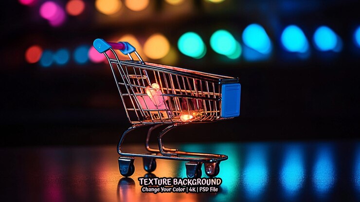 PSD carrito de compras con luces de colores en un fondo transparente para proyectos de diseño