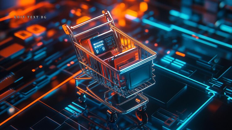 PSD un carrito de compras en miniatura lleno de electrónica se sienta en una placa de circuitos