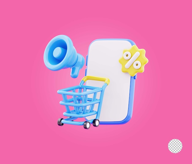 El carrito de compras moderno de la aplicación de teléfono móvil con megáfono e ilustración del icono de la etiqueta de descuento