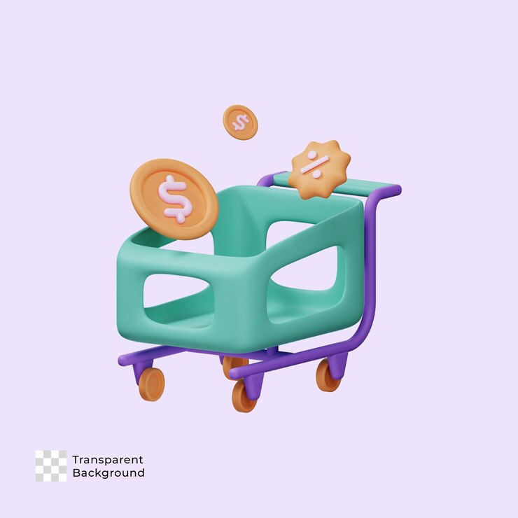 PSD carrito de compras con monedas y descuentos icono 3d