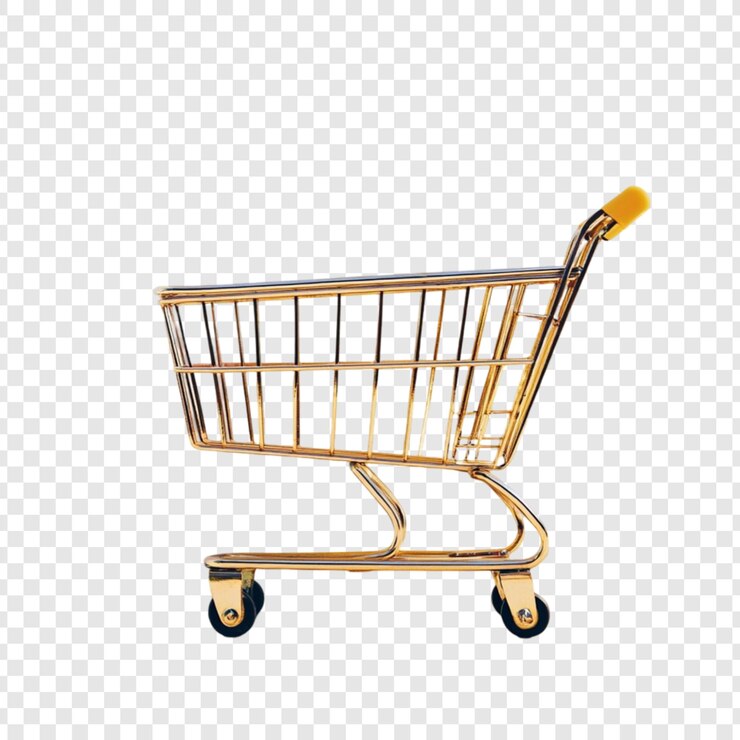 PSD carrito de compras de oro aislado en un fondo transparente tienda minorista de compras en línea comercio electrónico carrito de lujo de oro