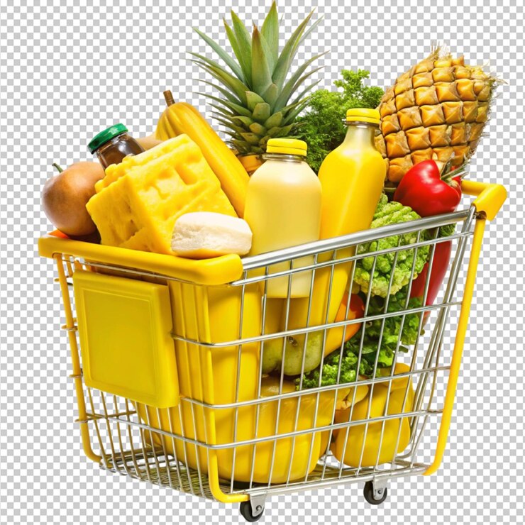 PSD un carrito de compras con una piña y una piña en él