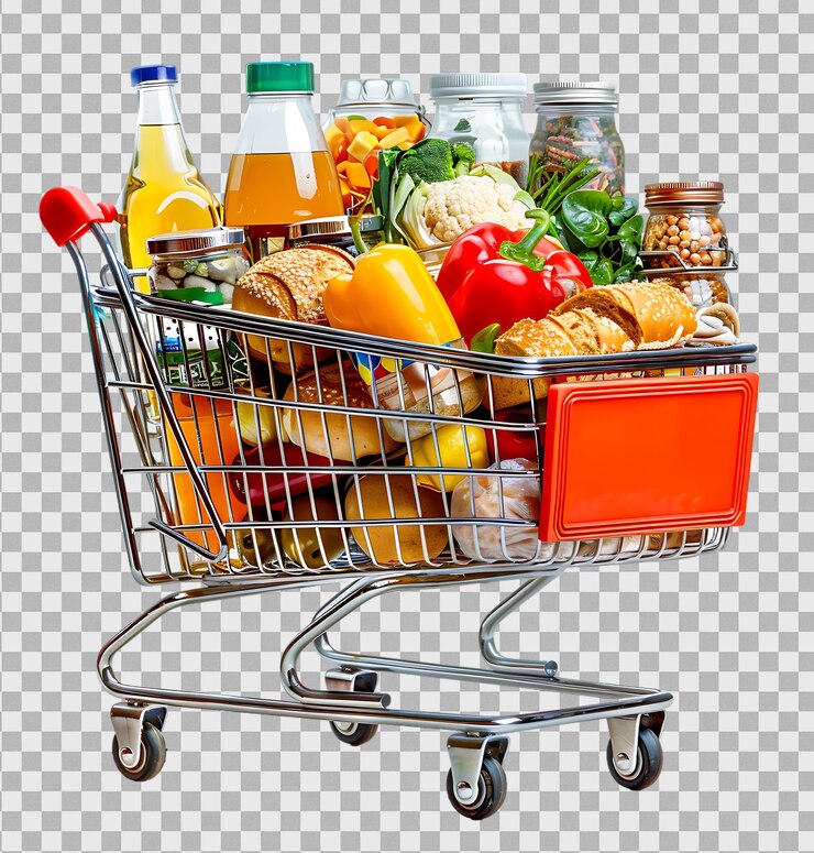 PSD carrito de compras con productos alimenticios sobre un fondo transparente