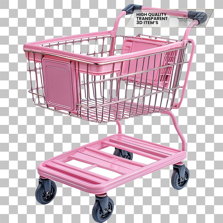 PSD carrito de compras rosado con cuatro ruedas y dos estanterías en un fondo transparente
