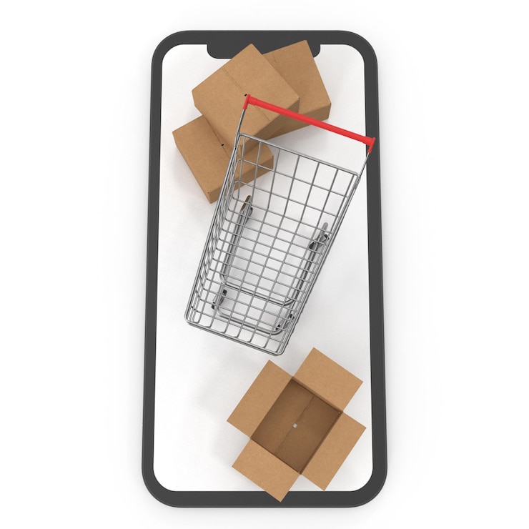 PSD el carrito de compras para teléfonos inteligentes amplifica 4 cajas las compras en línea son fáciles