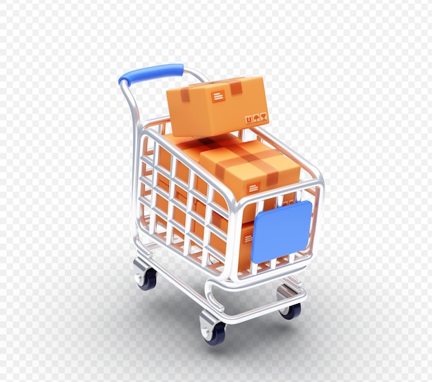 El carrito de compras tiene una caja de paquetes dentro del fondo de la ilustración 3D