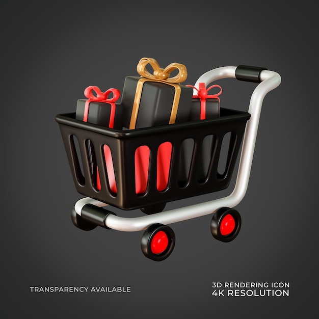 PSD carrito de compras viernes negro descuento cupón icono aislado ilustración de renderización 3d