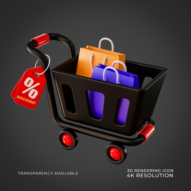 PSD carrito de compras viernes negro venta descuento etiqueta icono aislado 3d render ilustración