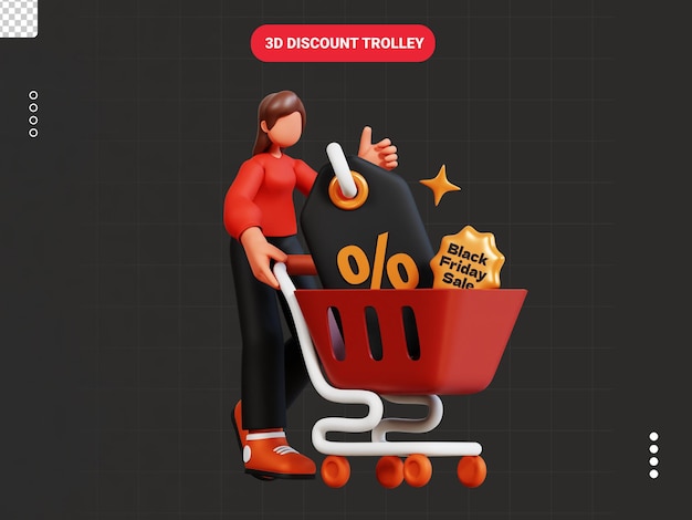 El carrito de descuento es un personaje 3D.