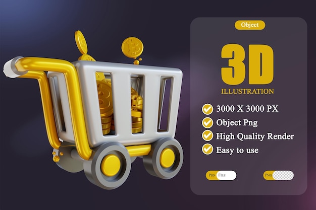 PSD carrito de empuje de bitcoin de ilustración 3d